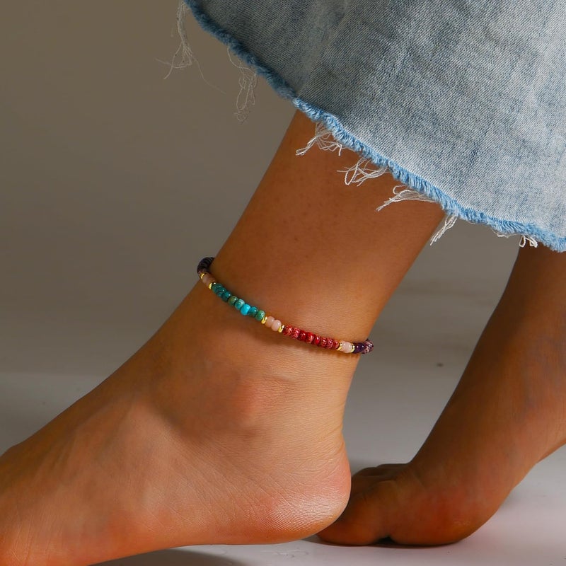 Wremily Natural Stone Beaded Anklets Bracelets for Women Handmade Beaded Anklet Bracelet Waterproof Boho Beads Ankle Bracelet Adjustable Summer Jewelry - Image 2